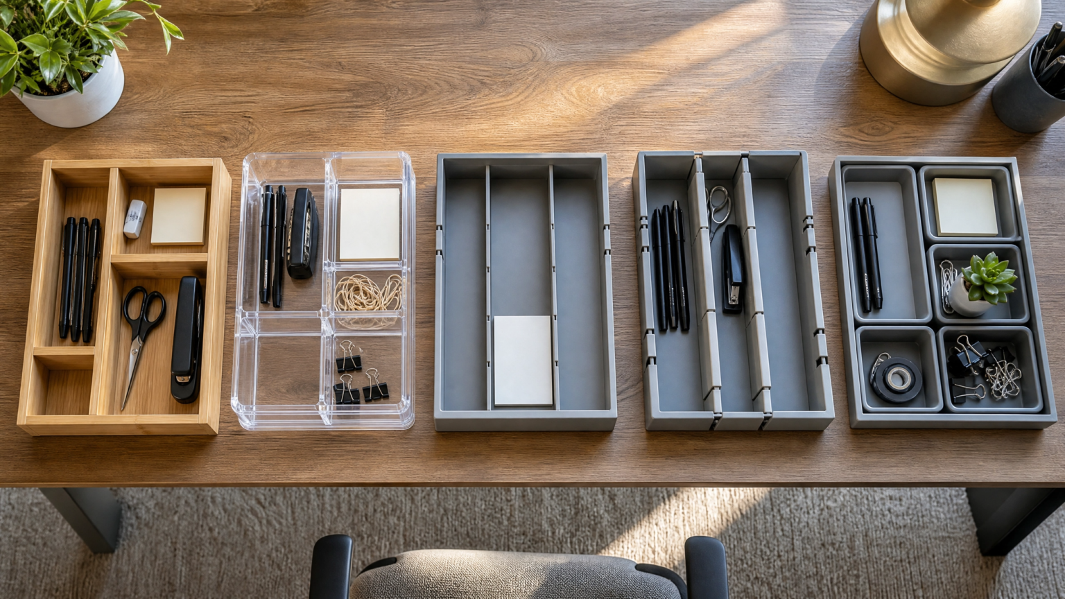 Best desk organizer types including drawer dividers, expandable organizers, bamboo organizers, acrylic organizers, and modular storage trays for an organized workspace