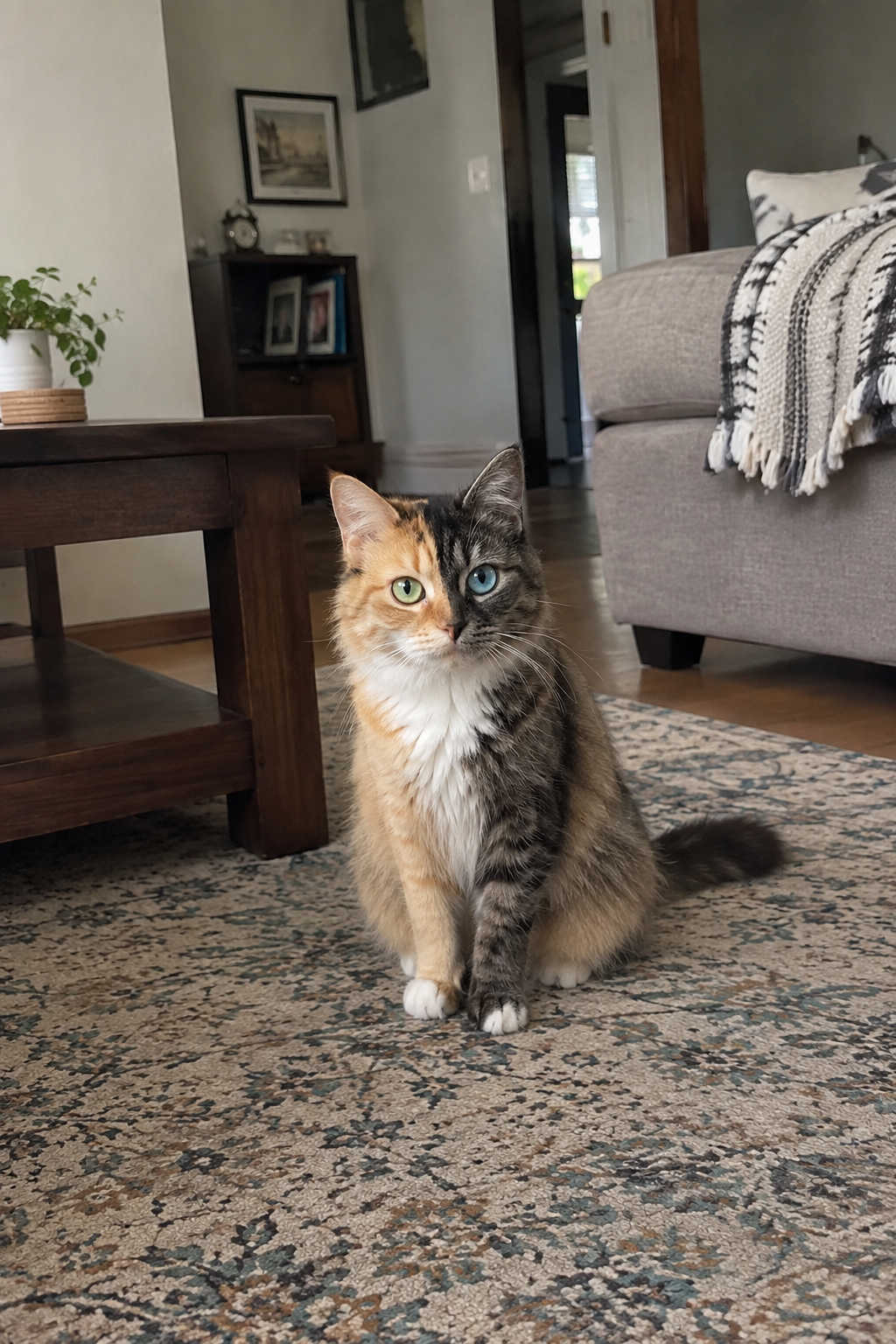 Luna looking directly at the camera with one orange and cream side of her face, one dark tabby side, and different-colored eyes.