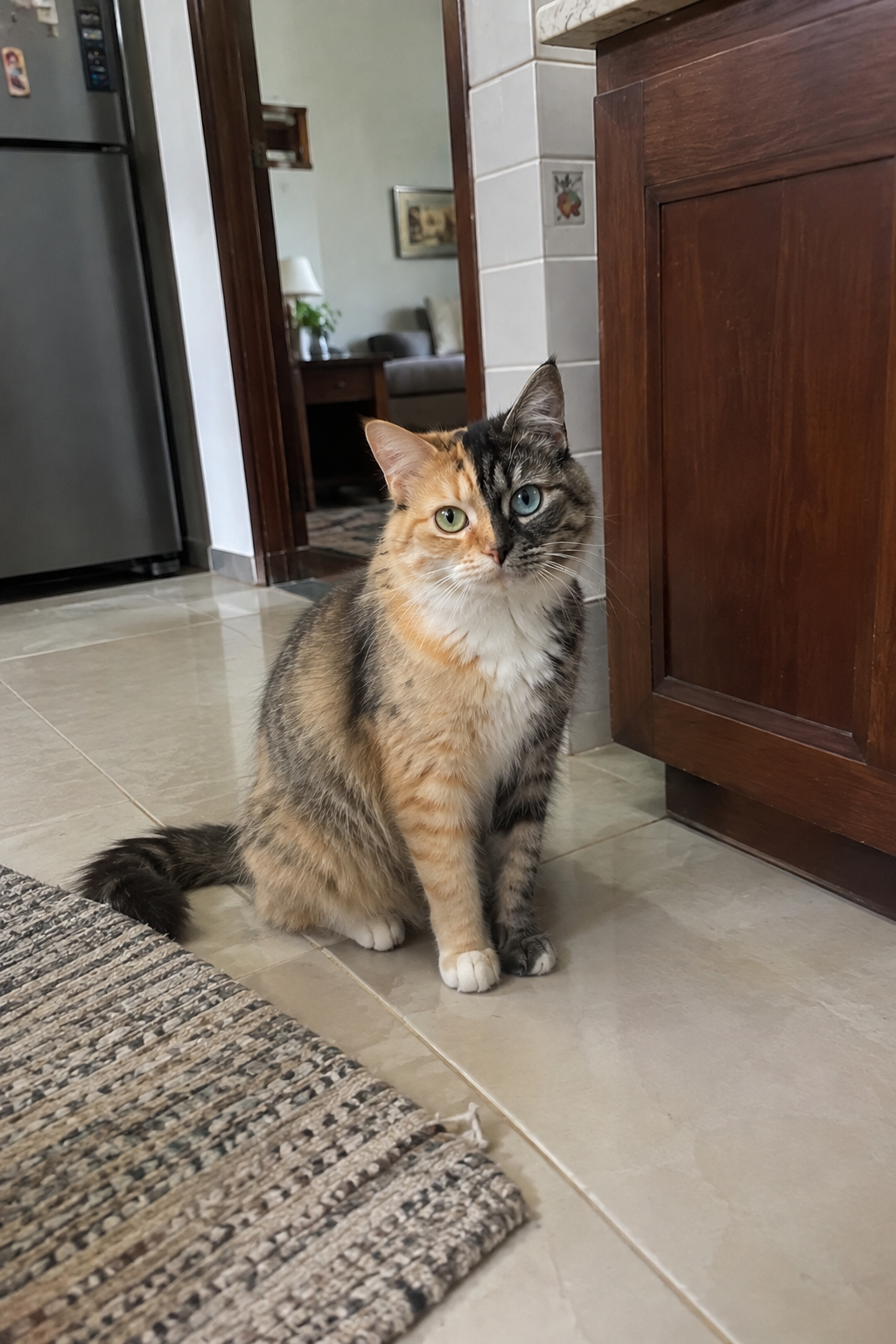 Side profile of Luna showing the darker tabby pattern across one side of her face.