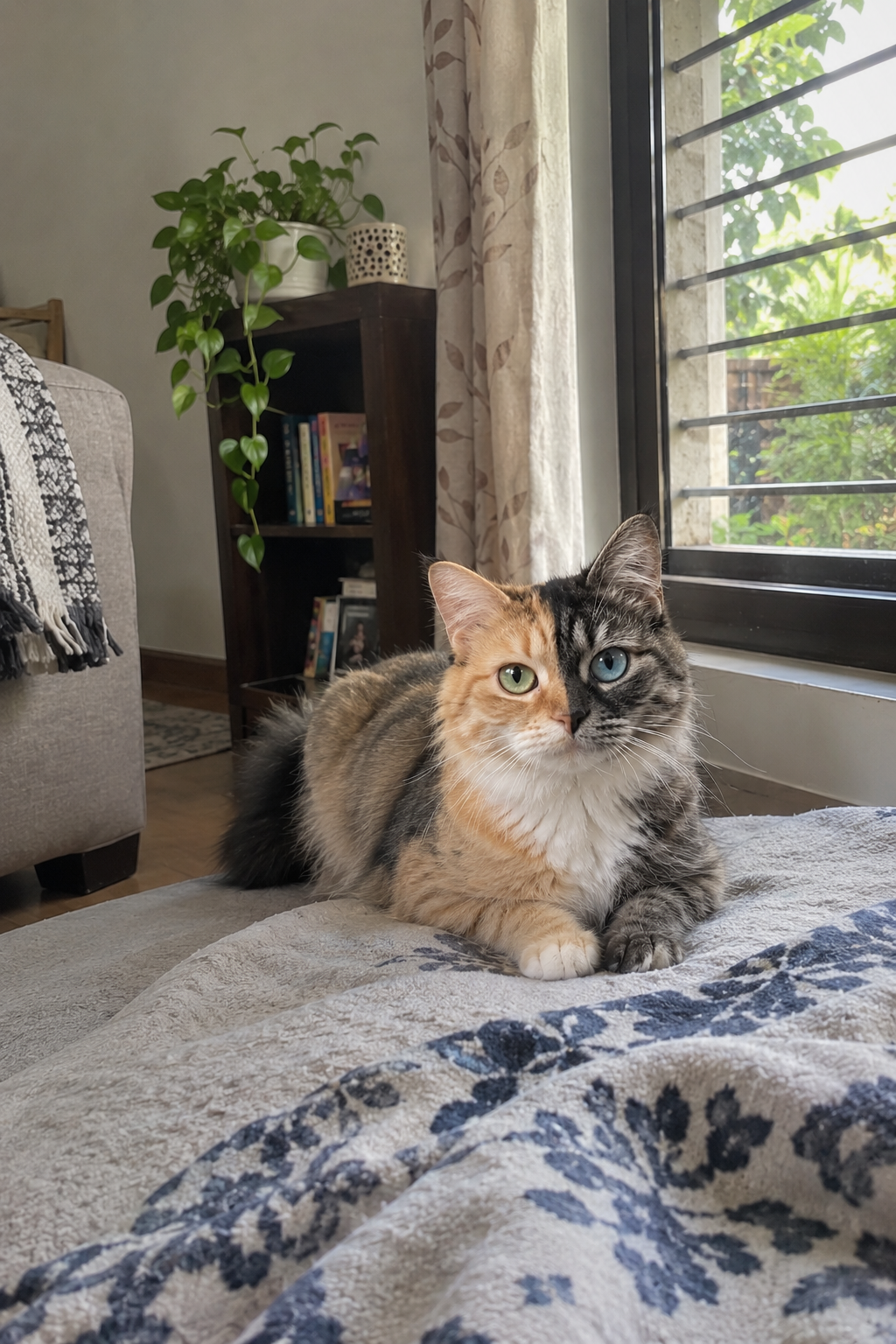Even during a quiet moment in the bedroom, Luna's unique face is impossible to miss.